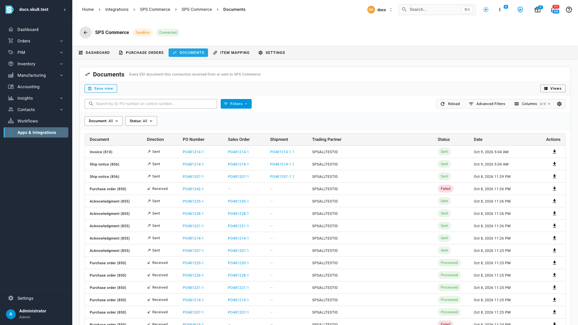 The Documents tab listing received purchase orders and sent acknowledgments, ship notices and invoices
