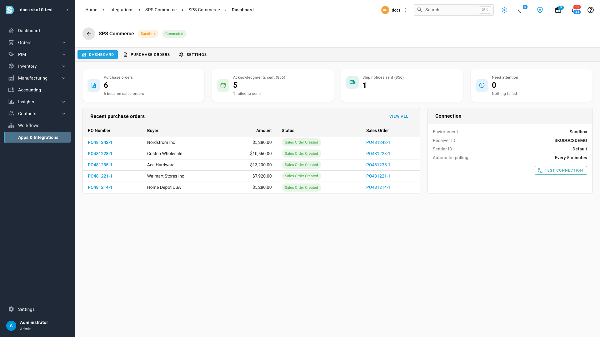 Acknowledgments and ship notices on the dashboard