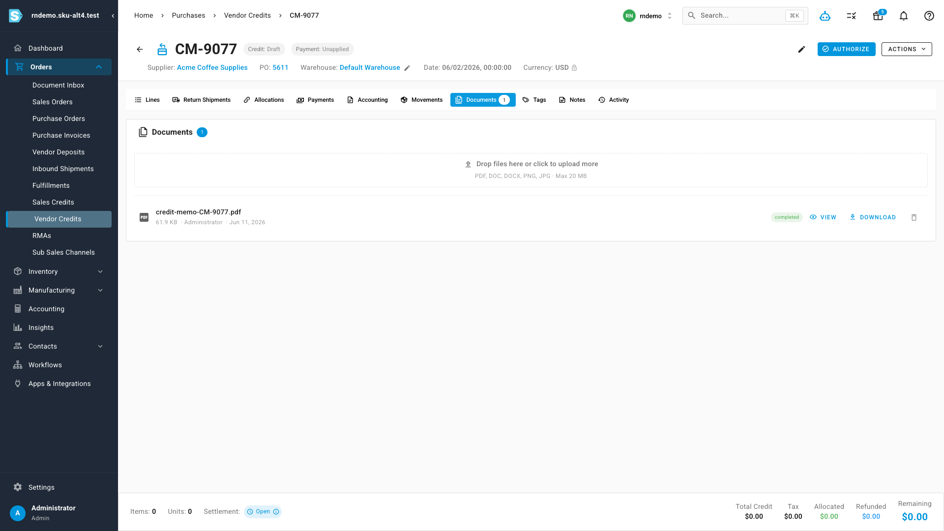 The Documents tab on a vendor credit with an attached, scanned credit memo