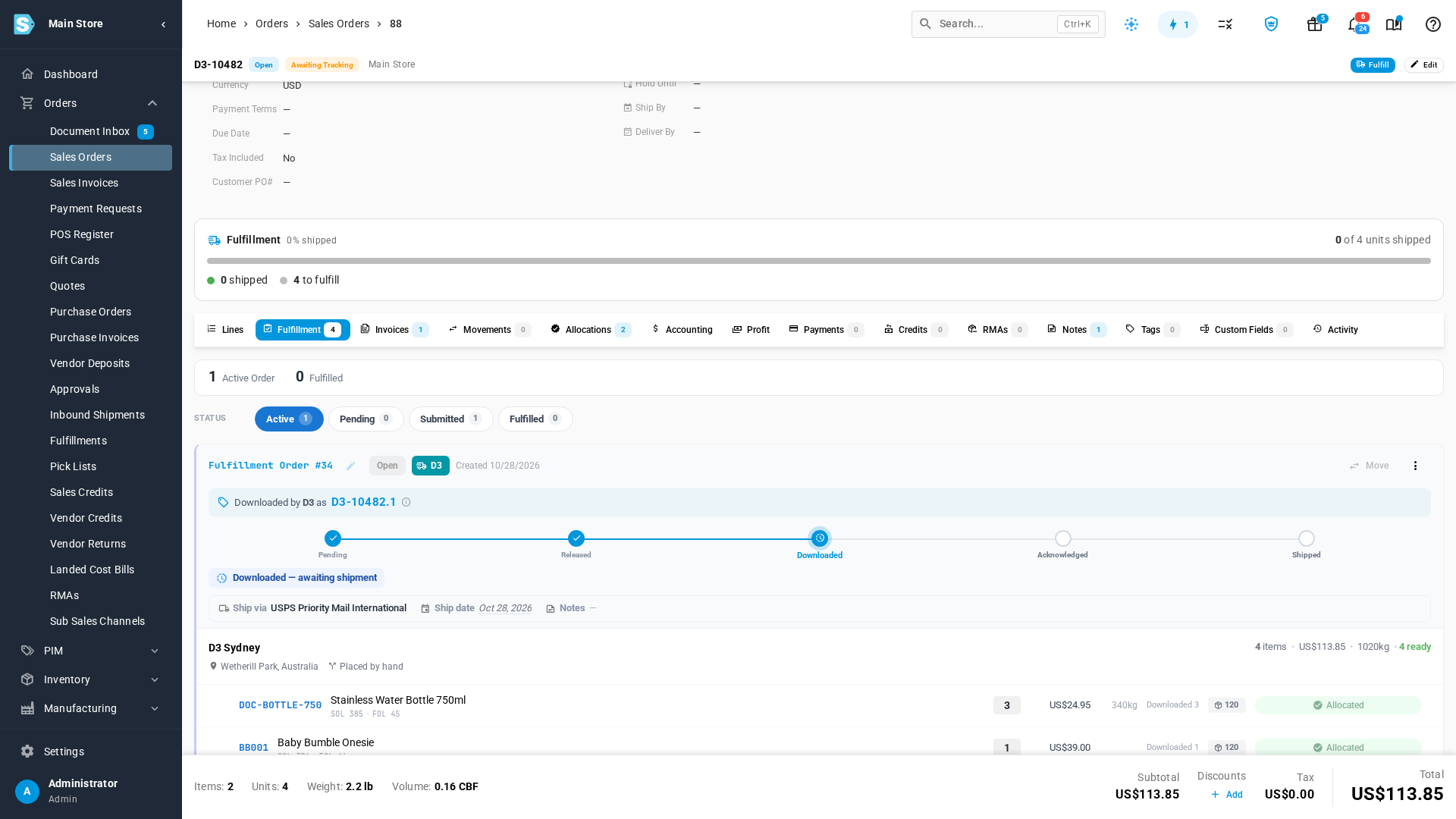 A downloaded D3 fulfillment order: Downloaded by D3 as D3-10482.1