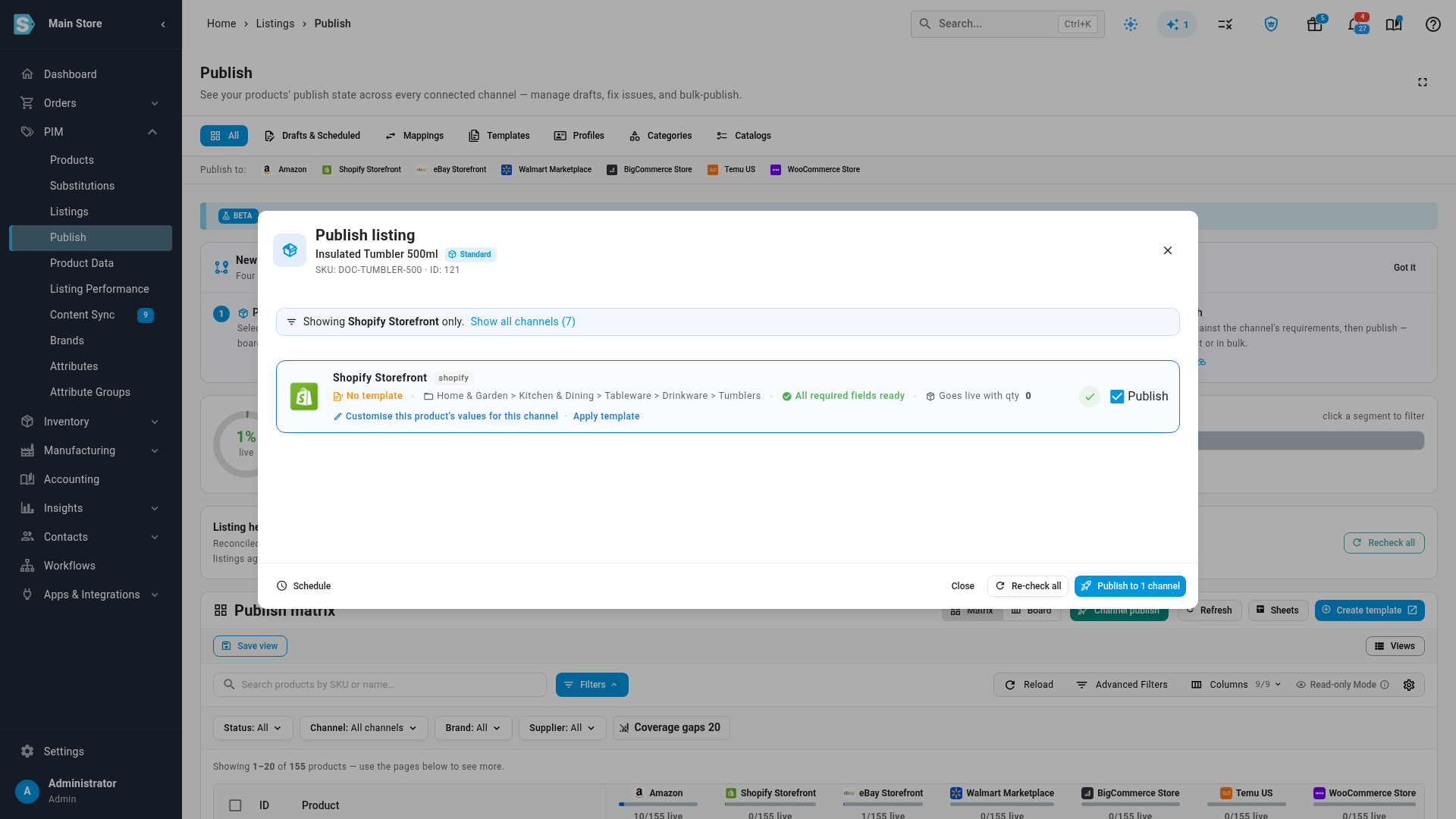 The publish screen after Save & check, with all required fields ready for the Shopify store