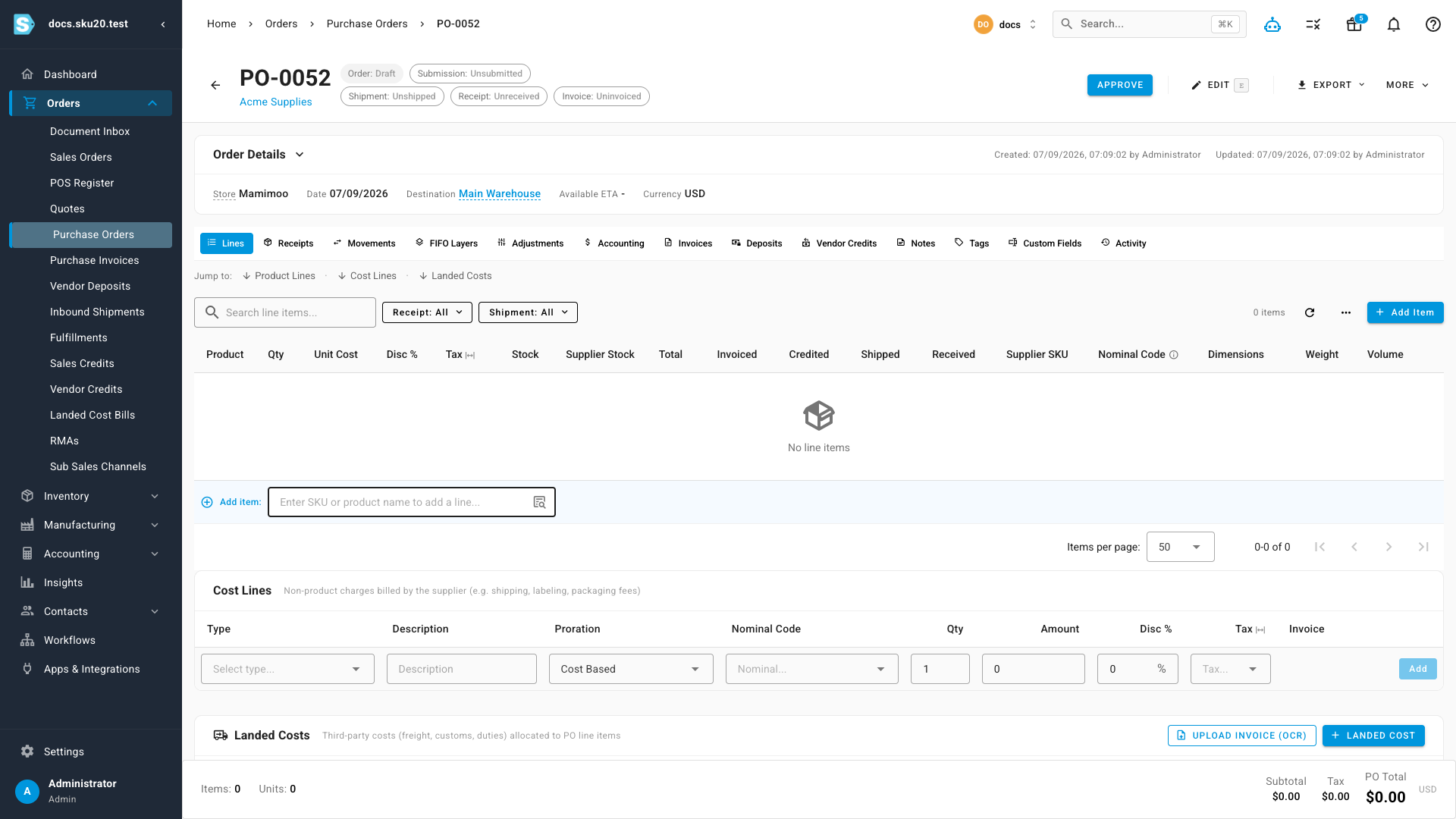 A freshly created draft PO with no line items yet, showing the Approve button and the inline "Add item" field