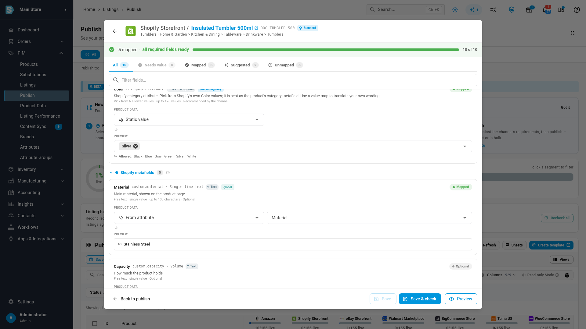A product's draft, with the Shopify metafields section open and Material filled from the mapping