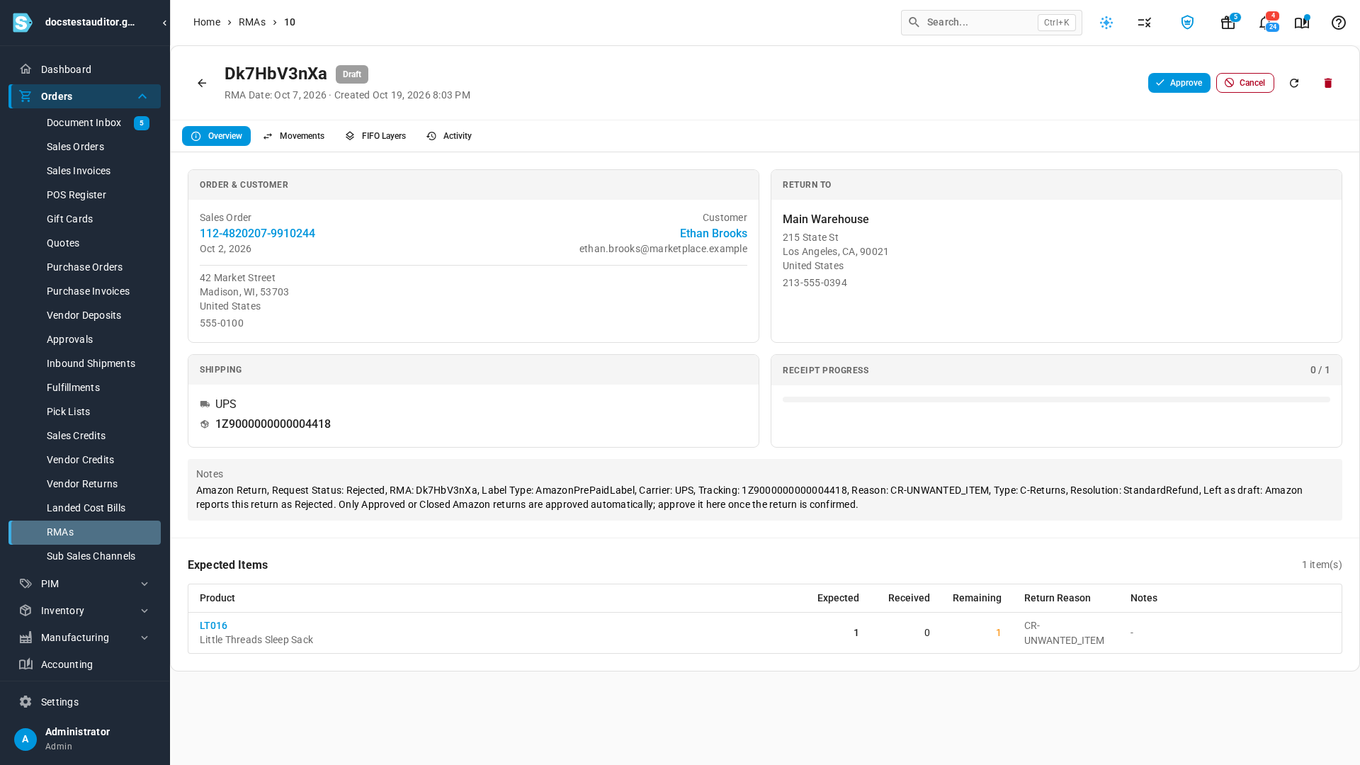 A draft RMA for a return Amazon rejected