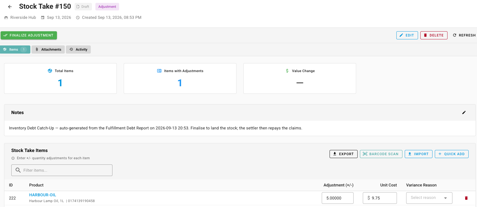 A draft catch-up stock take: Draft and Adjustment beside its number, the Finalize Adjustment button, the note recording where it came from, and one line with its Adjustment (+/-) and Unit Cost already filled in
