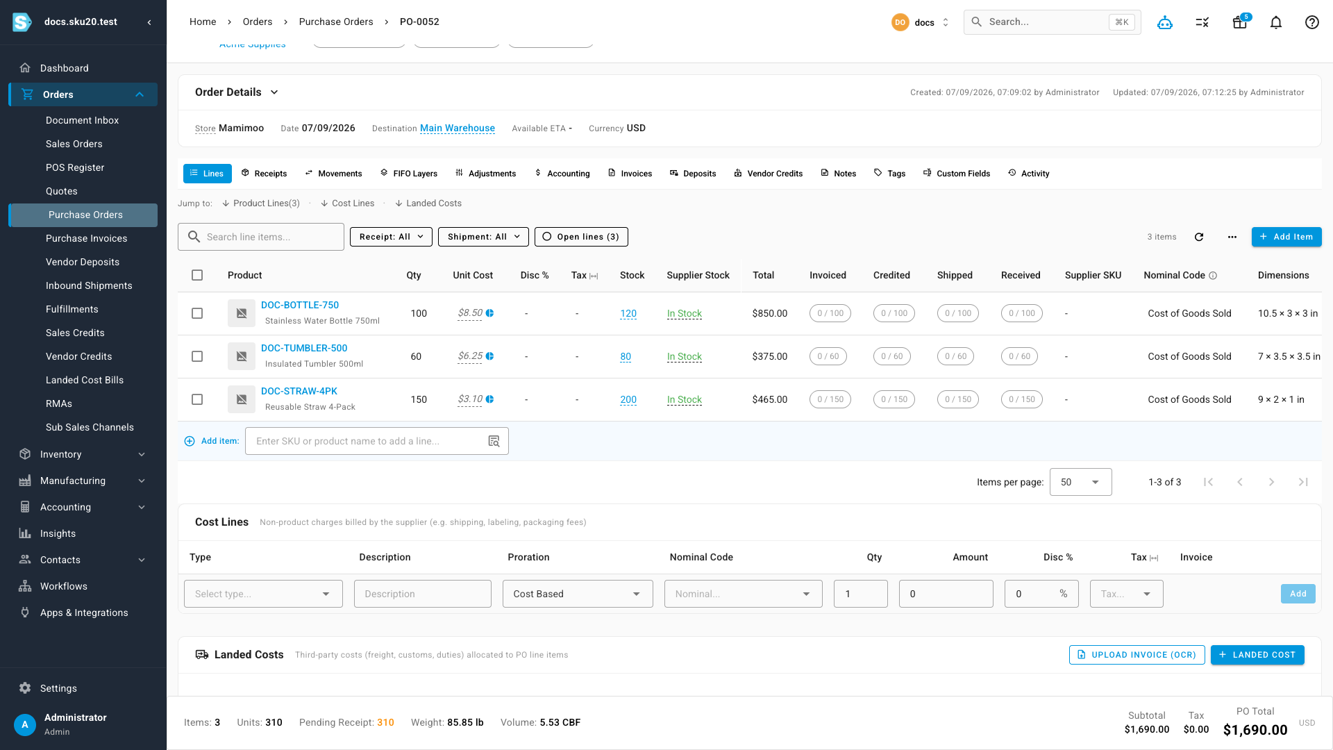 A draft PO with three line items added, each with its quantity, unit cost, and line total, and the running PO total in the footer