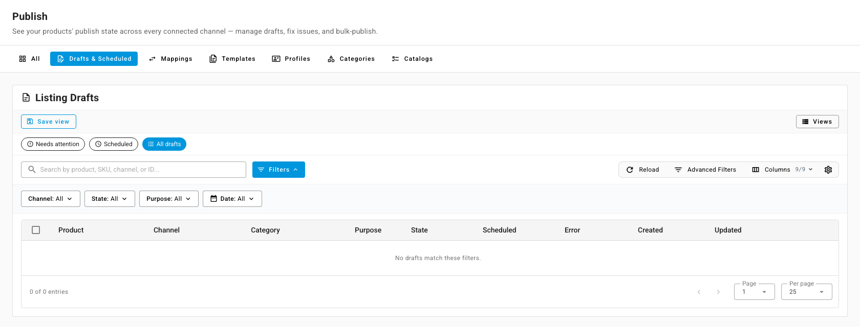 The Drafts & Scheduled tab of Publish, with the Needs attention, Scheduled and All drafts views, the filters and the Listing Drafts table