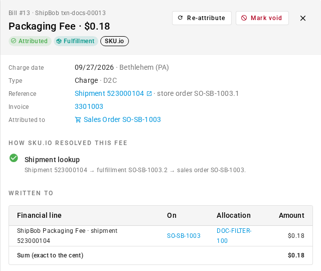 A Packaging Fee bill attributed to sales order SO-SB-1003, with the shipment lookup that matched and the cost line written to the DOC-FILTER-100 order line