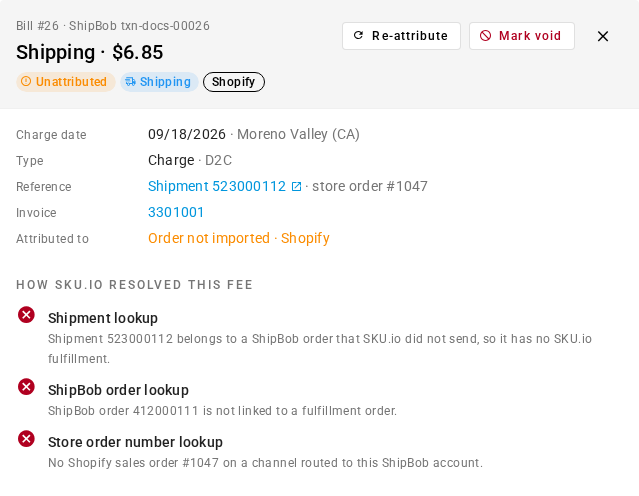 The drawer for a Shipping charge on Shopify order #1047: every lookup failed, and Attributed to reads Order not imported · Shopify