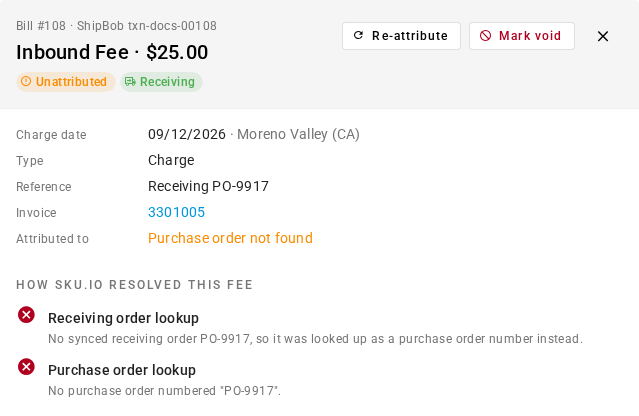 The drawer for an Inbound Fee whose purchase order number PO-9917 matches no SKU.io purchase order, with Attributed to reading Purchase order not found
