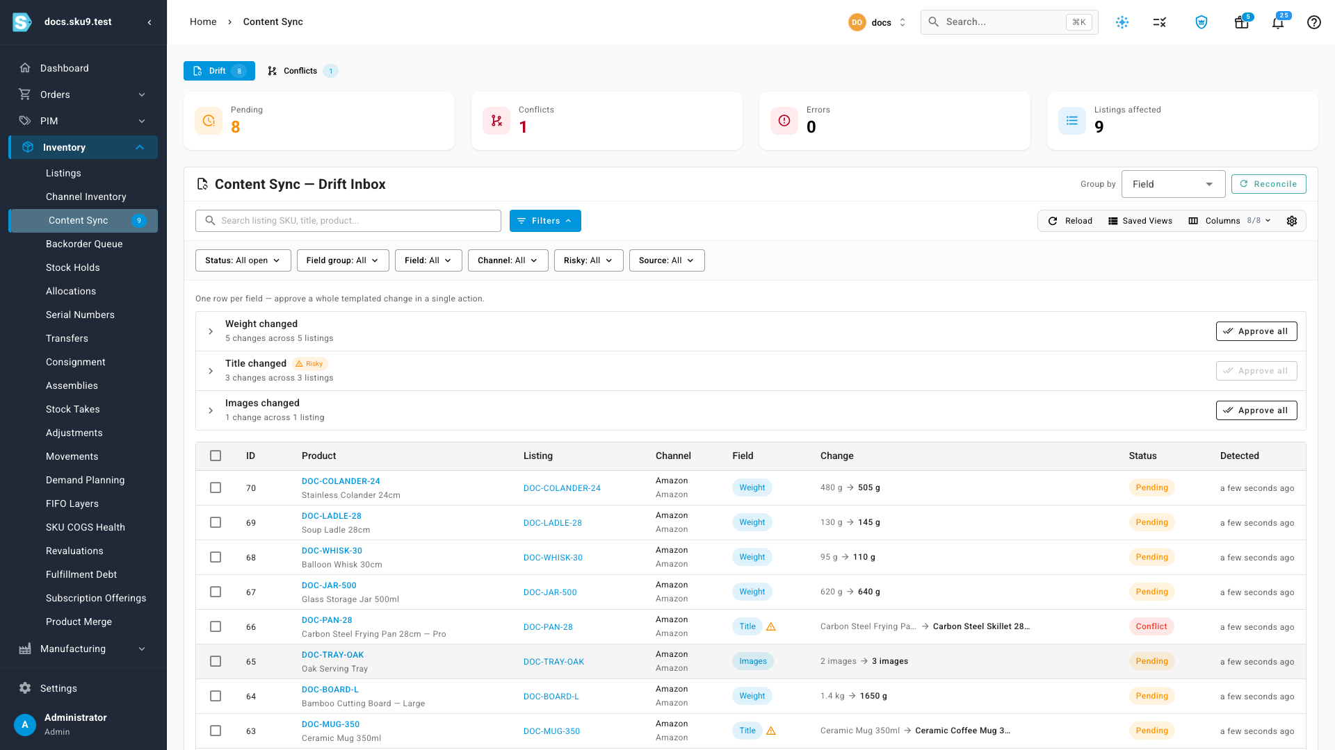 The Content Sync drift inbox listing changed fields per listing, with pending and conflict counts across the top
