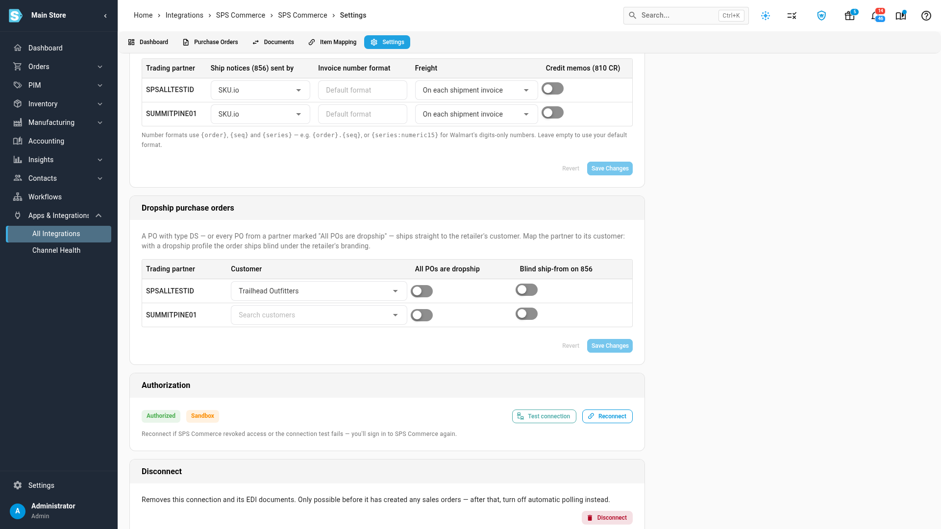 The Dropship purchase orders card on the SPS Commerce Settings tab, with one trading partner mapped to its customer and one not mapped yet