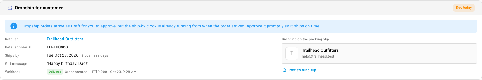 The Dropship for customer card on a draft dropship order