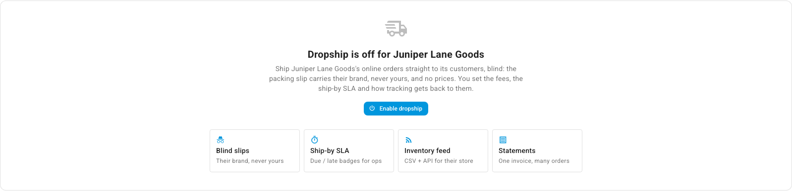 The Dropship tab before dropship is turned on