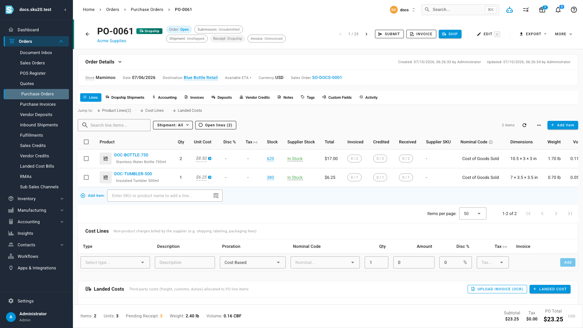 An open dropship purchase order (PO-0061) with a teal Dropship badge beside the PO number, a Receipt status of Dropship, the linked sales order SO-DOCS-0001 in the order details, and a Ship button in the action bar