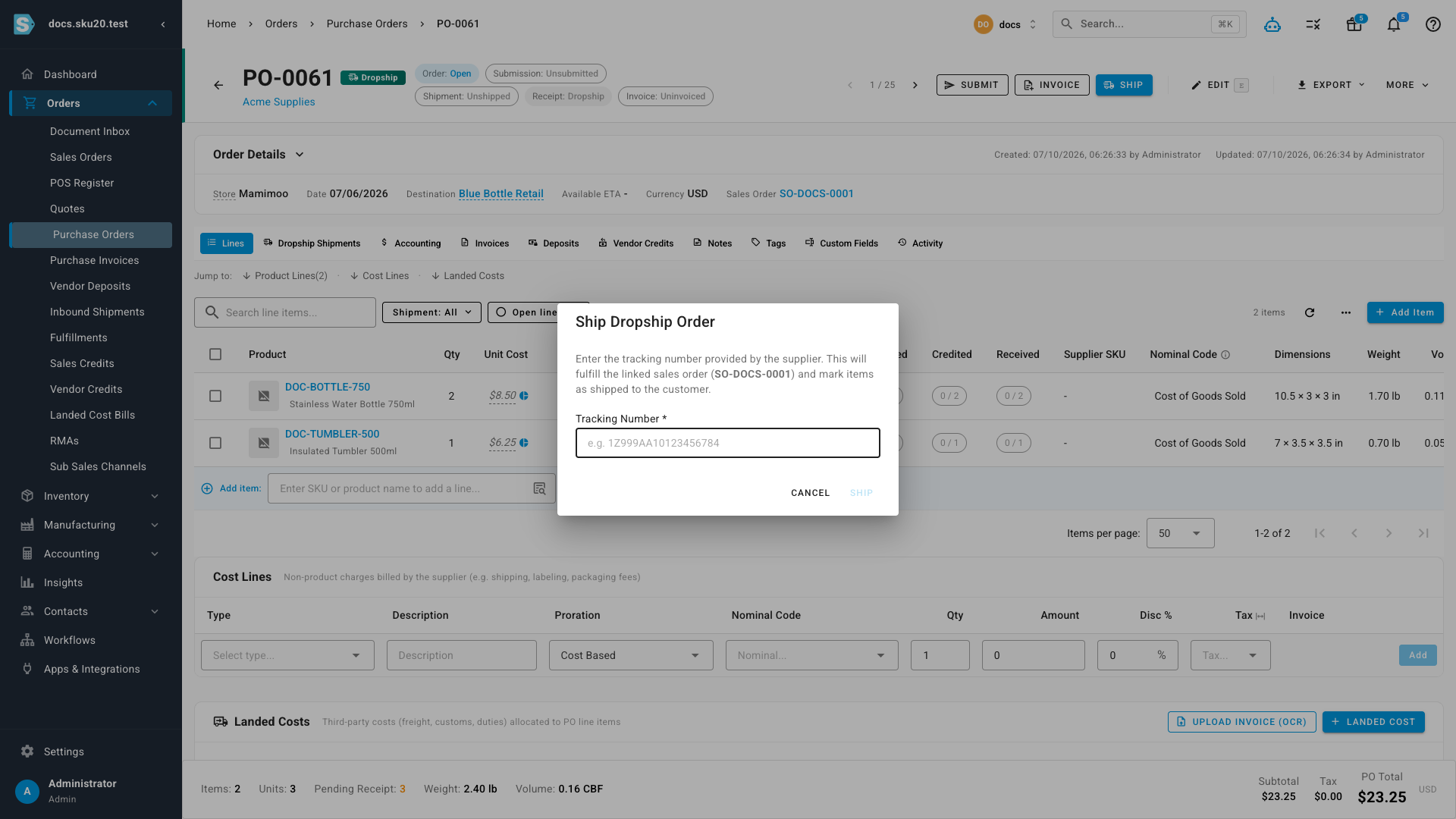 The Ship Dropship Order dialog, explaining that shipping will fulfill the linked sales order SO-DOCS-0001, with a required Tracking Number field and a Ship button that stays disabled until a tracking number is entered