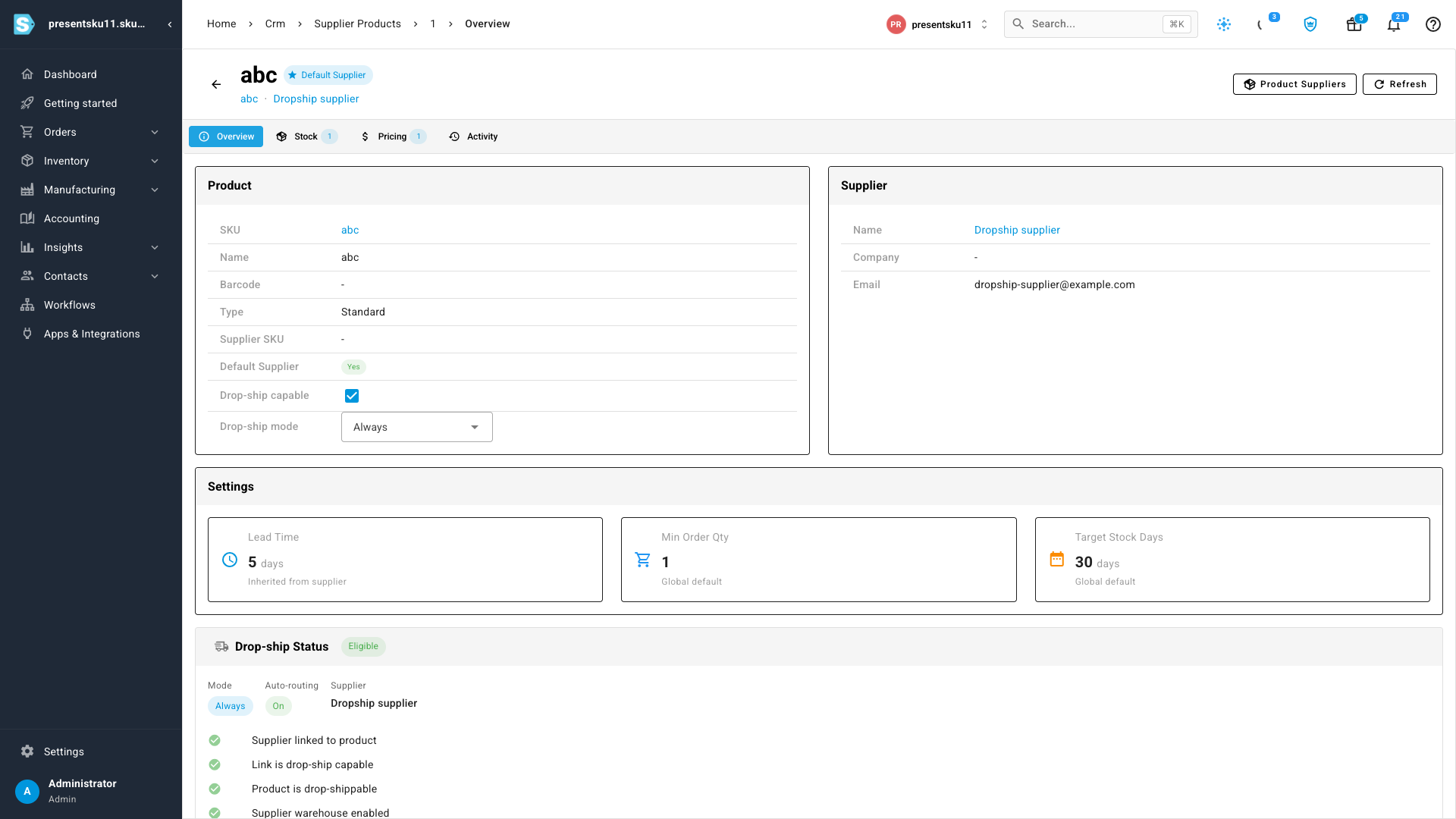 The Drop-ship Status panel on a supplier product, showing an "Eligible" badge and a green checklist: supplier linked to product, link is drop-ship capable, product is drop-shippable, supplier warehouse enabled, supplier stock feed
