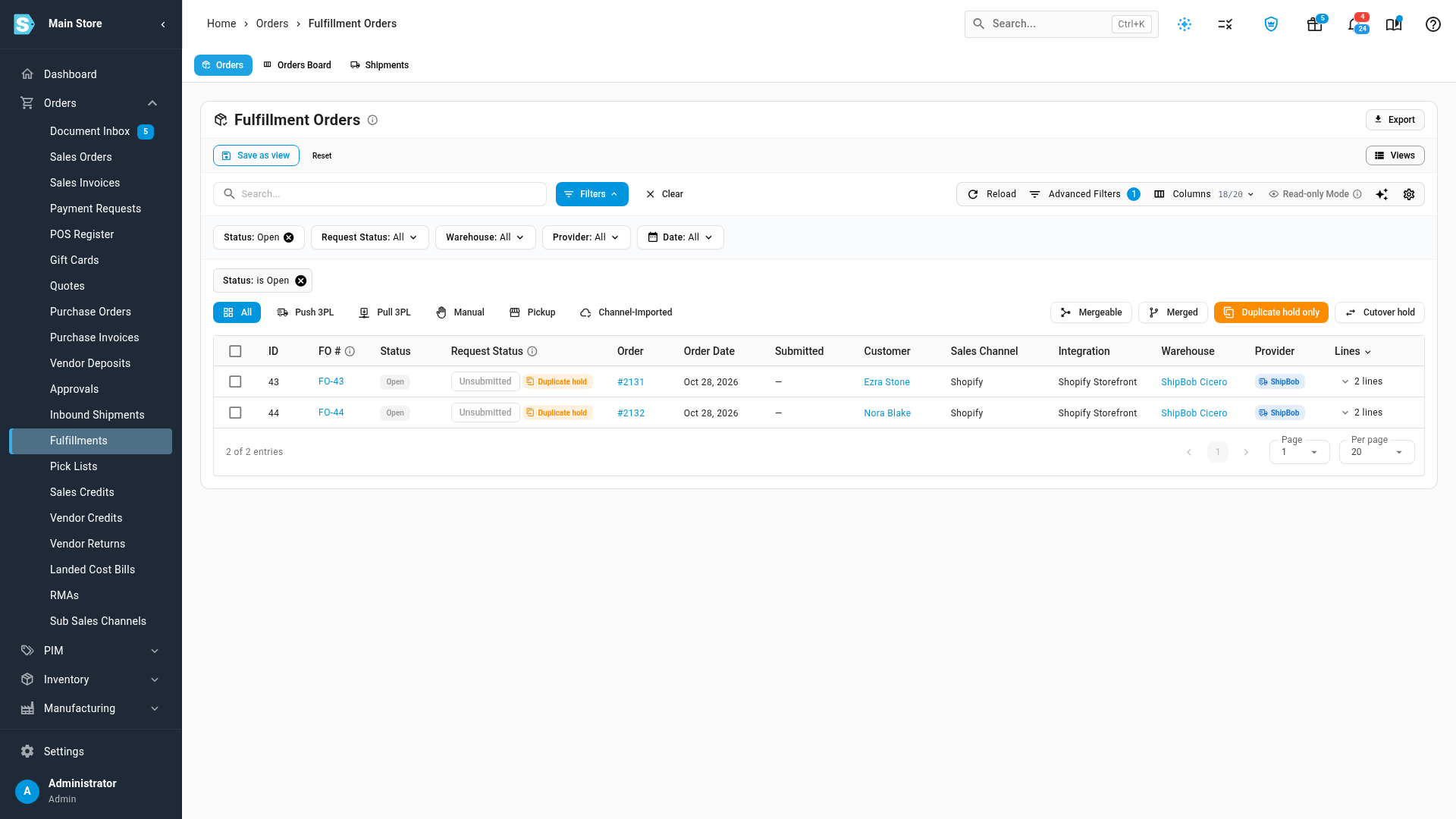The Duplicate hold filter on the fulfillment orders list