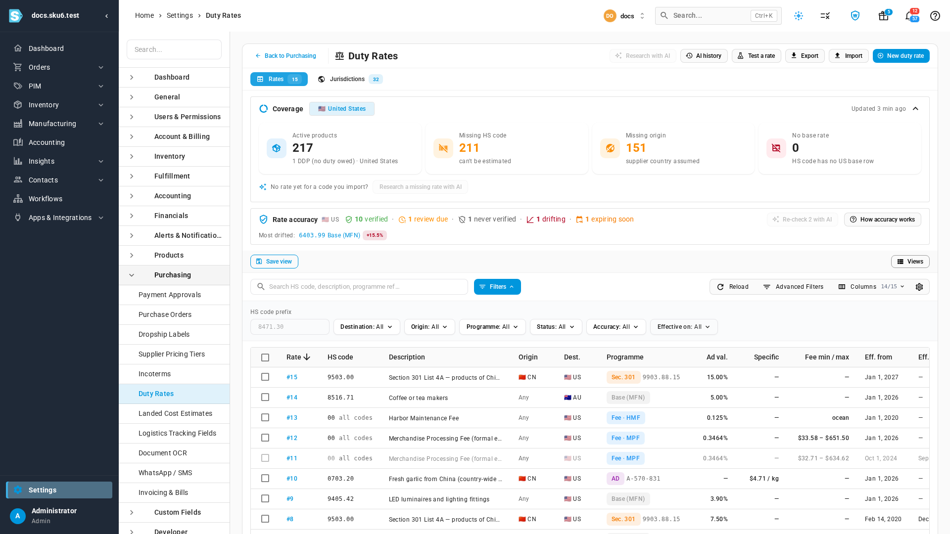 The Duty Rates page, with the Coverage and Rate accuracy panels above the list of rates