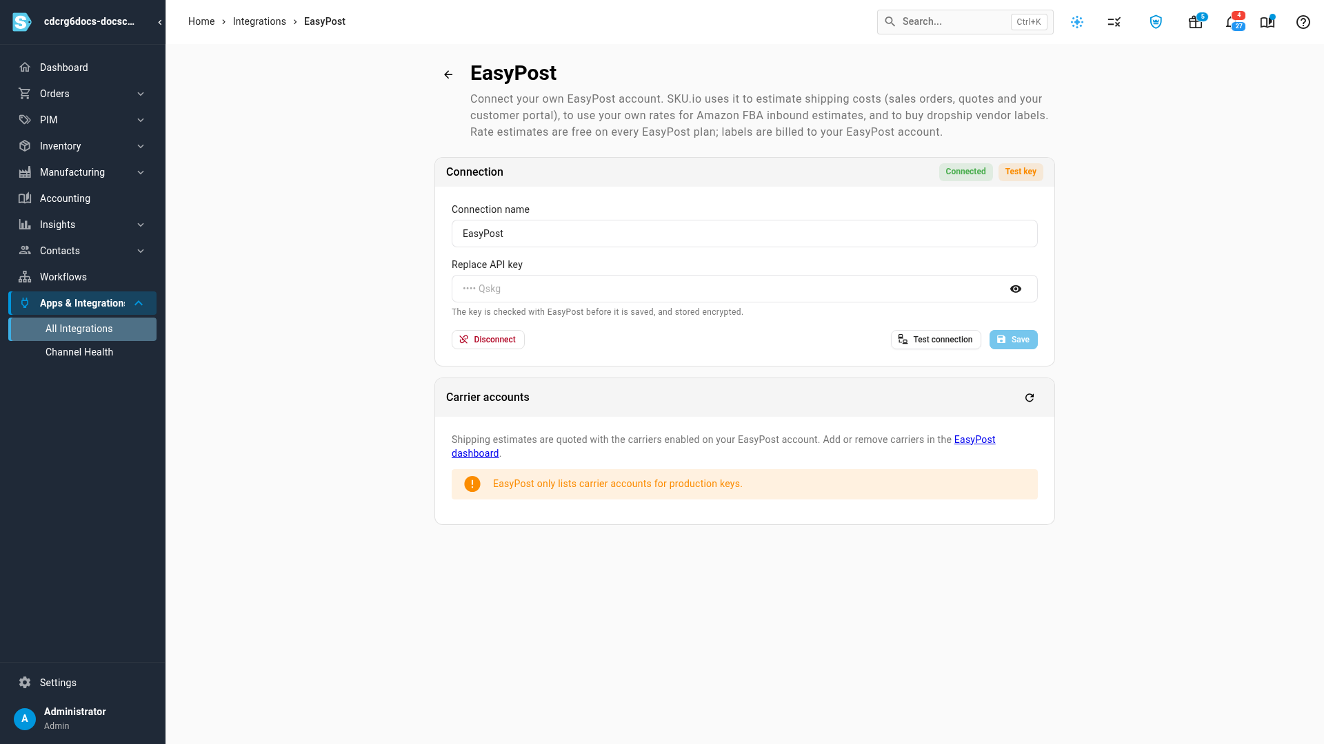 The EasyPost page once connected