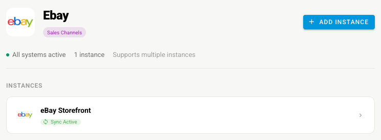 The eBay panel under Apps & Integrations, showing one connected instance and the Add Instance button