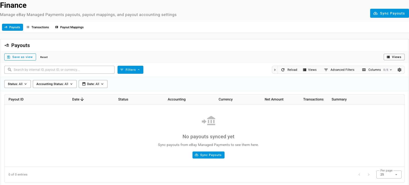 eBay payouts on the Finance tab