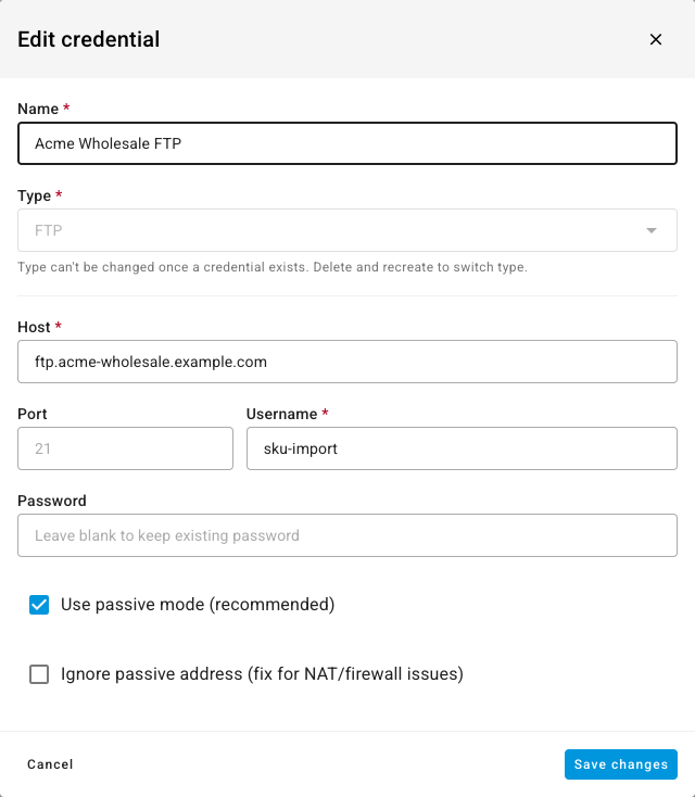 The Edit credential dialog with the type locked and the password left blank to keep the existing one