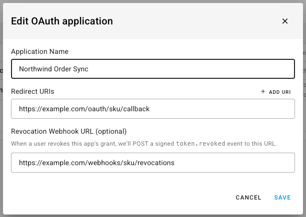 The Edit OAuth application dialog showing the name, redirect URIs, and revocation webhook fields