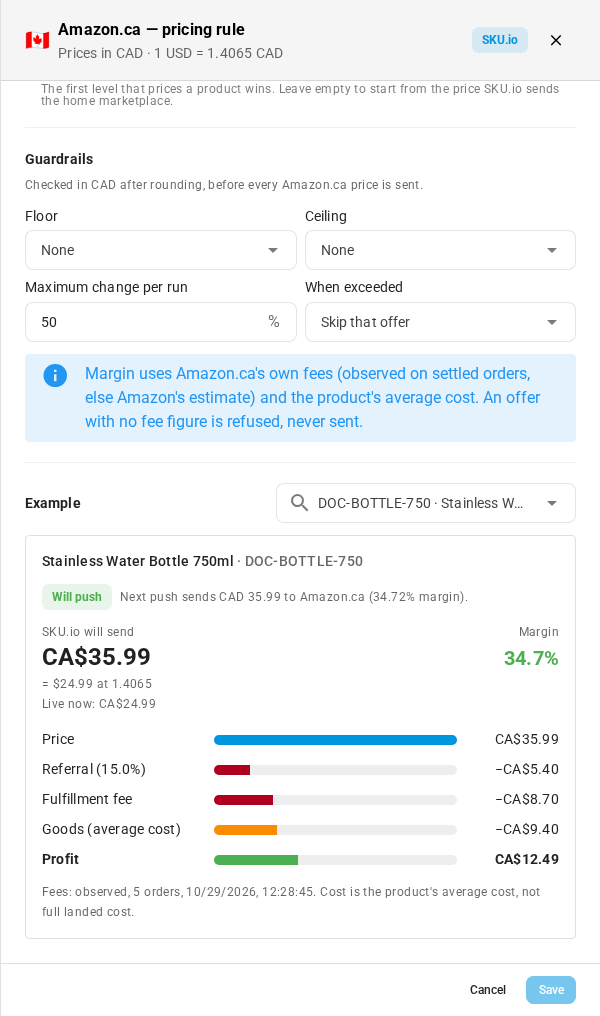 The pricing rule drawer for Amazon.ca, with its example breakdown