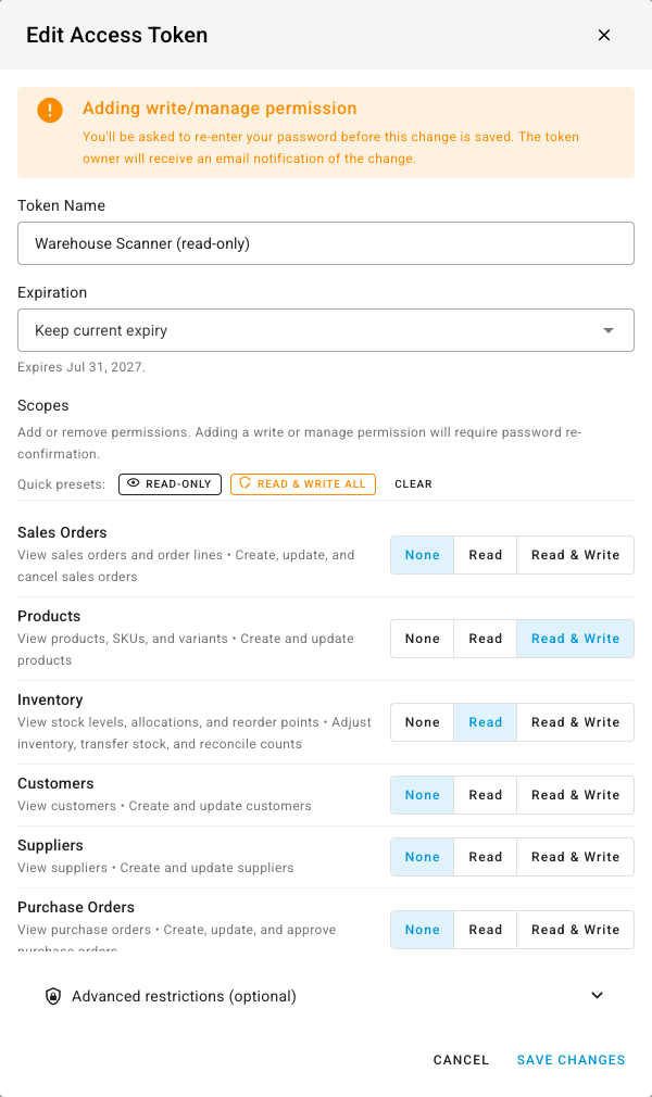The Edit dialog with an orange 'Adding write/manage permission' banner after switching Products to Read & Write
