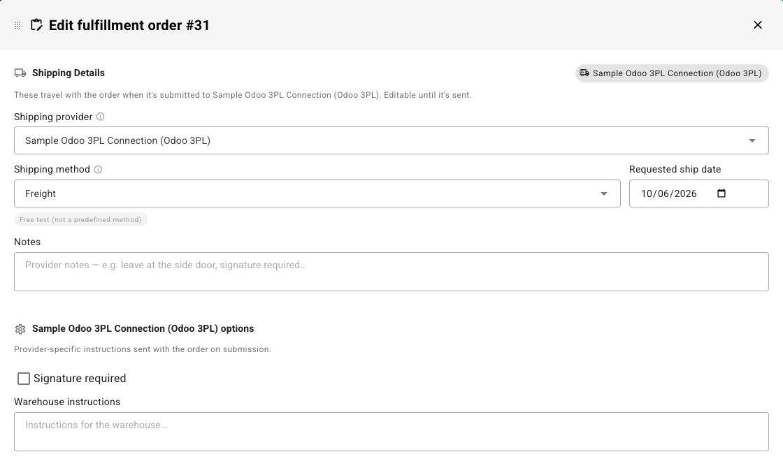 Edit fulfillment order with Odoo 3PL's options: Signature required and Warehouse instructions