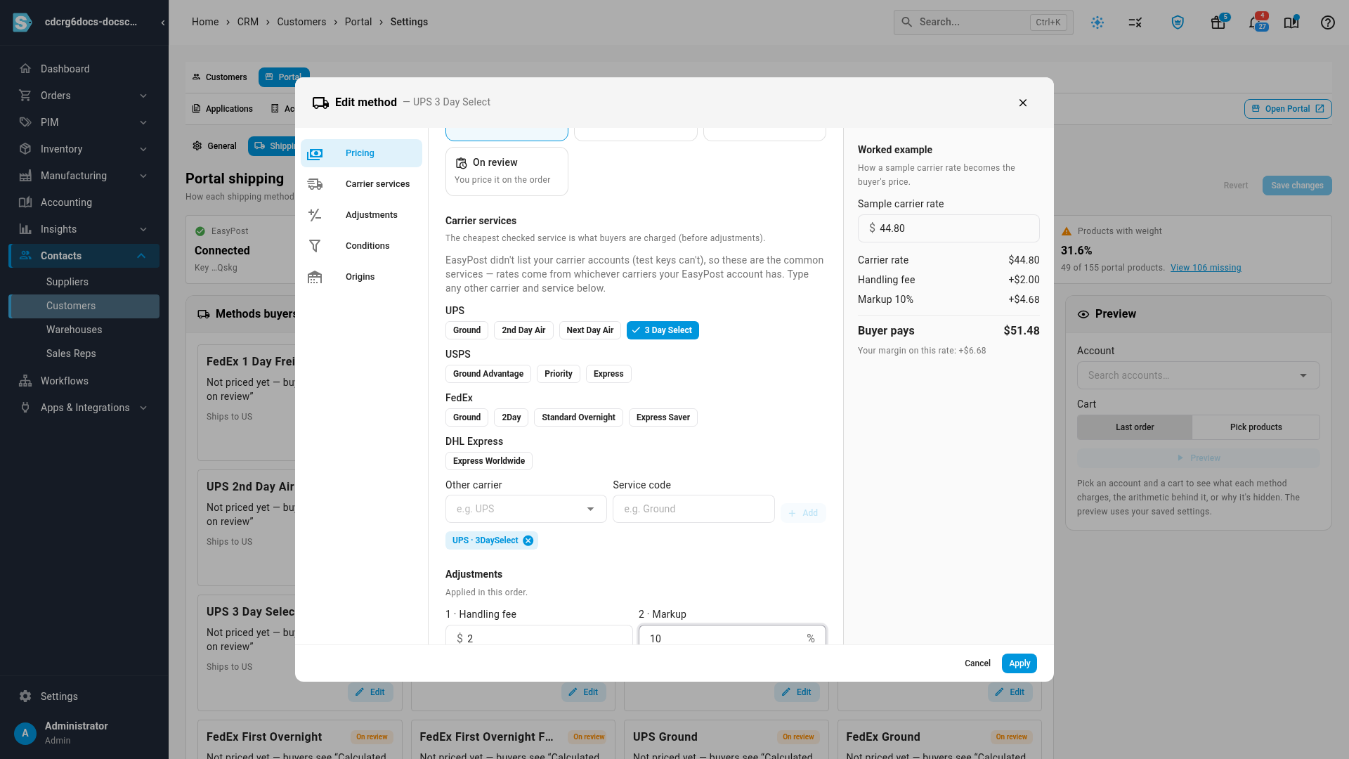 Editing a method: live rate, carrier services and adjustments
