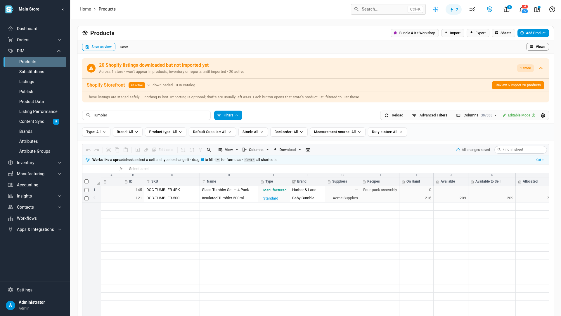 A products list in Editable Mode