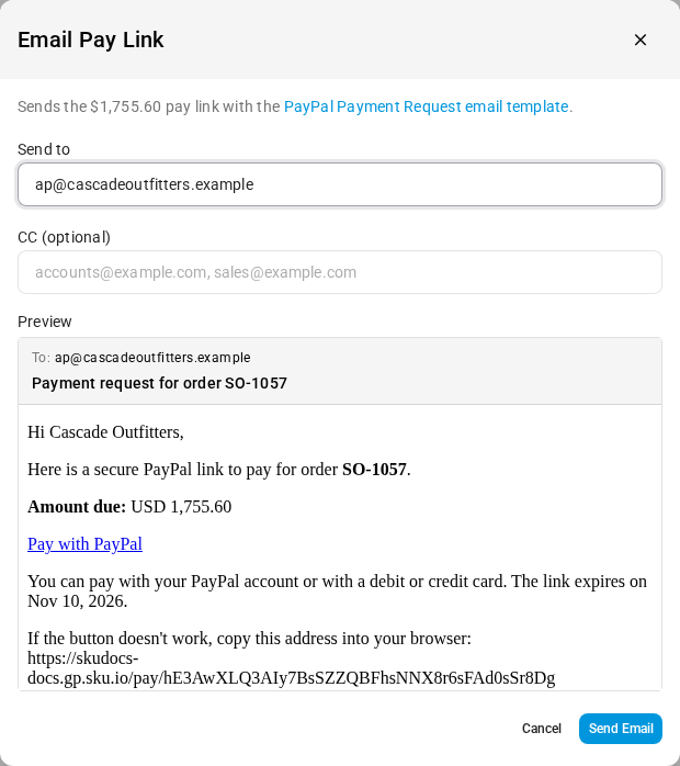 The Email Pay Link dialog with Send to, CC and the email preview