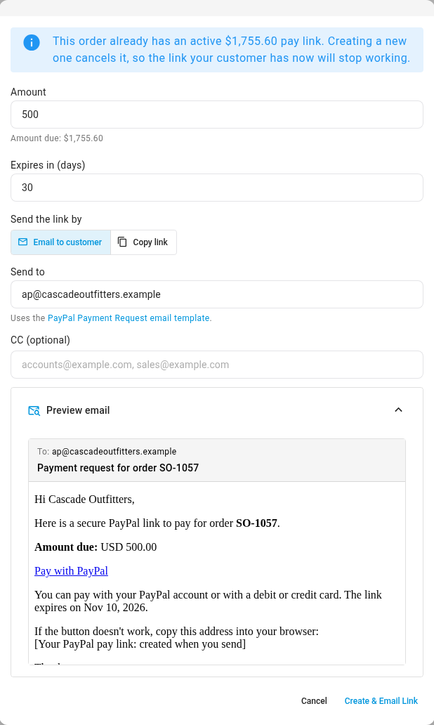 The Preview email panel showing the recipient, the subject and a 500.00 amount due