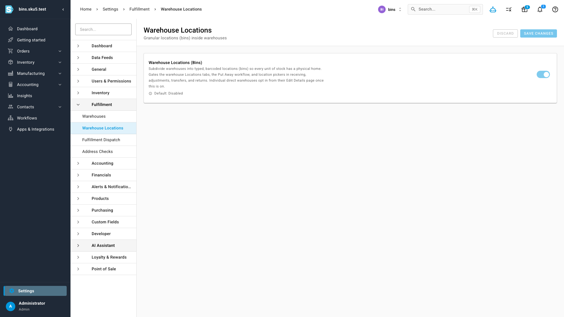 The account-level Warehouse Locations setting under Settings → Fulfillment: a single toggle that unlocks bins across the app