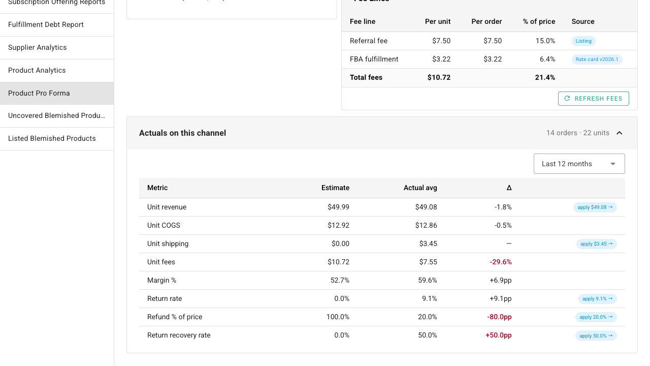 Estimate vs. actual comparison with variance highlighting and one-click apply chips