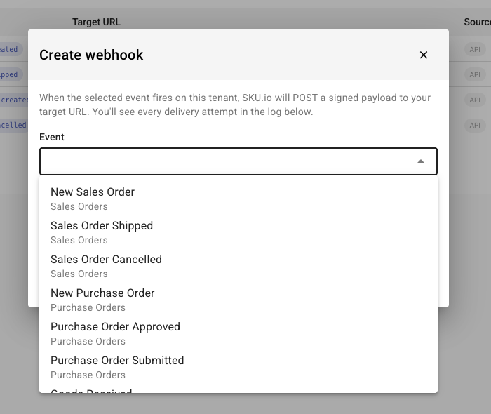 The event picker open, showing events grouped under Sales Orders, Purchase Orders, Inventory, Products, and Customers