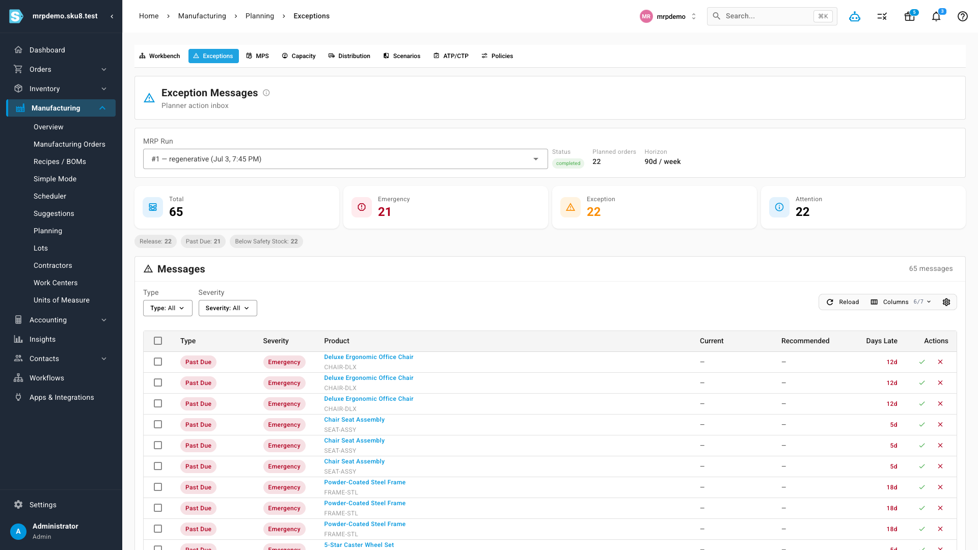 The exception messages inbox, listing prioritised planner actions graded by severity with days-late and recommended dates