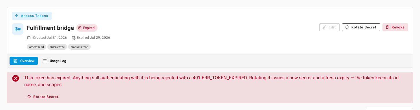 The token page for an expired token, showing an Expired chip and a red banner explaining the 401