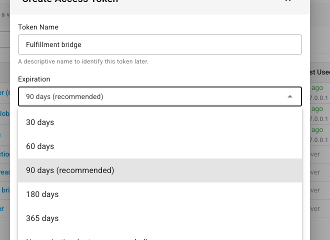 The Expiration dropdown open, showing the six choices with 90 days recommended