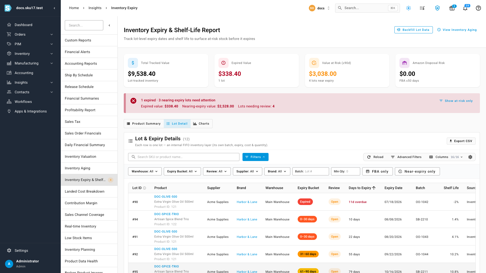 The Lot Detail tab — every lot across all products, ordered by soonest expiry