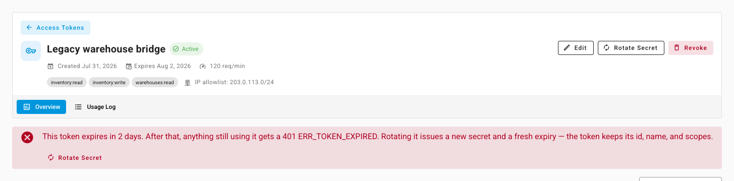 The token page with an amber banner reading 'This token expires in 2 days' and a Rotate Secret button