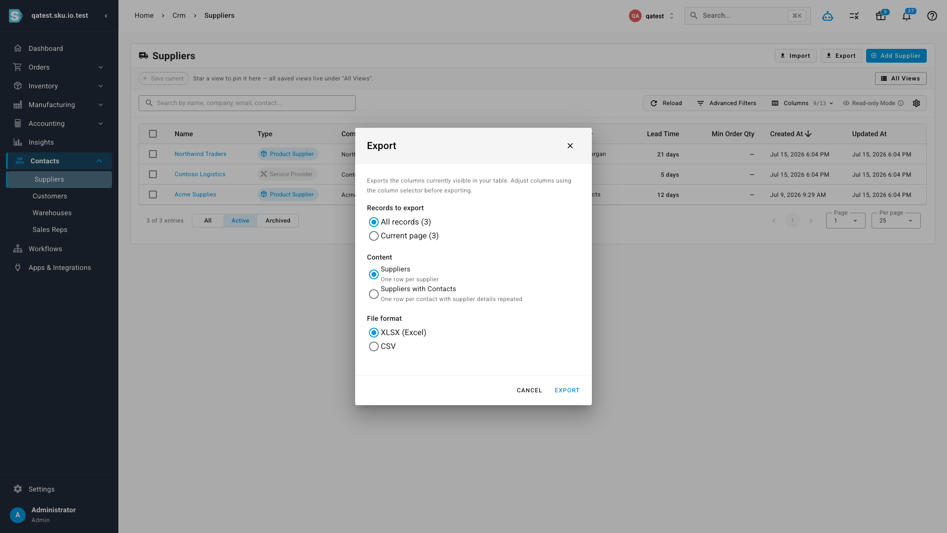 The supplier export dialog offering "Suppliers" or "Suppliers with Contacts" content modes