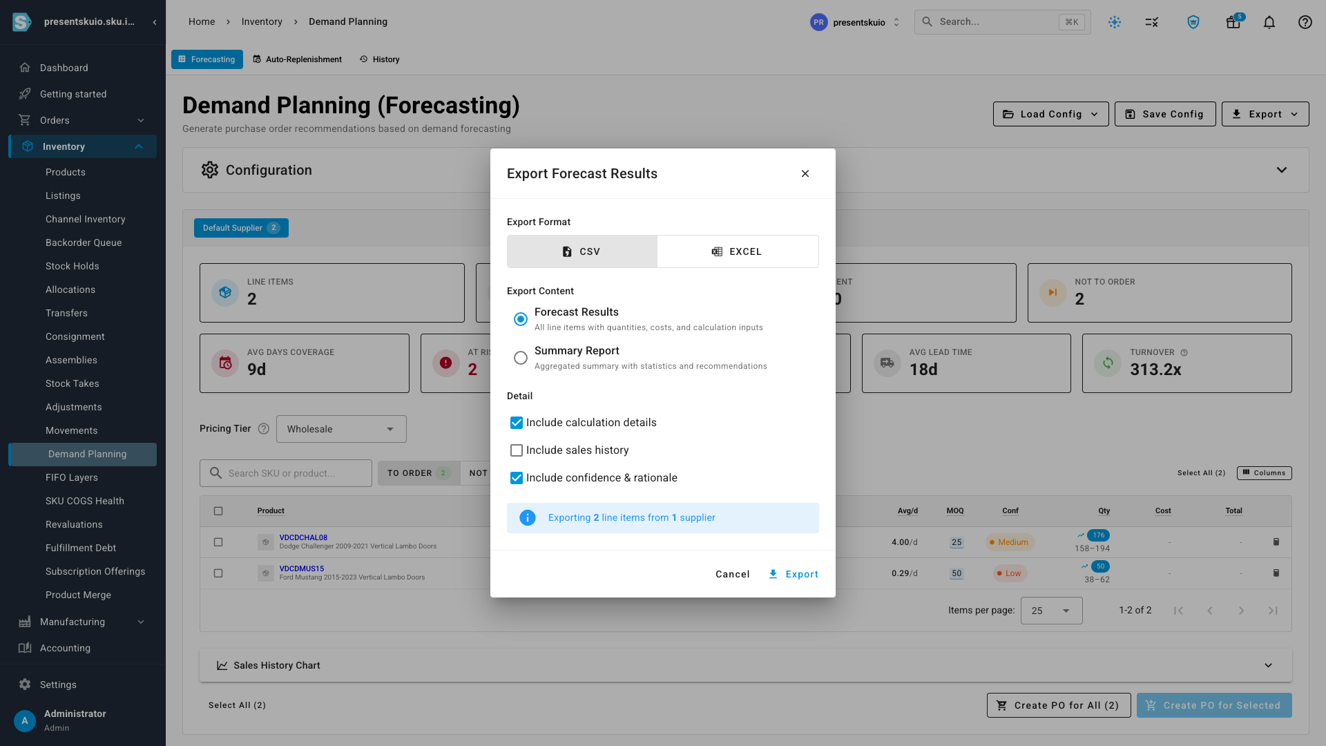The Export Forecast Results dialog with a new Detail section offering "Include calculation details", "Include sales history", and "Include confidence & rationale" toggles