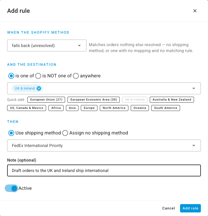 The Add rule dialog for a fallback rule: falls back, destination UK & Ireland