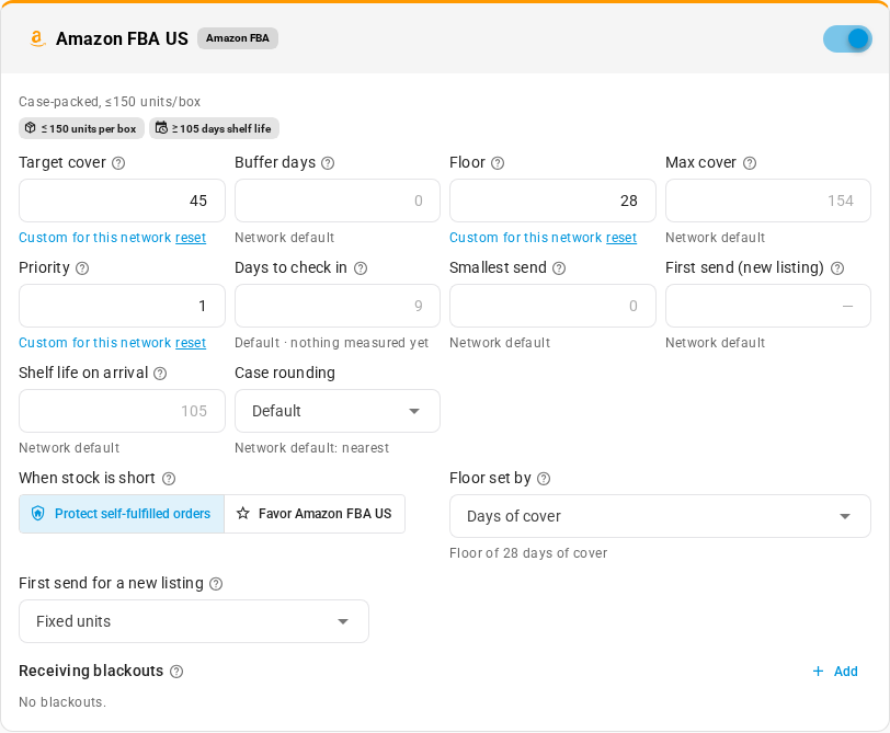 The Amazon FBA US card: its packing rules, the rule fields with their defaults, Protect self-fulfilled orders selected under When stock is short, Floor set by Days of cover, First send for a new listing as Fixed units, and no receiving blackouts