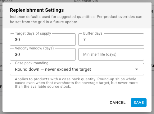 The FBA Replenishment Settings dialog with Target days of supply 30 and Buffer days 7