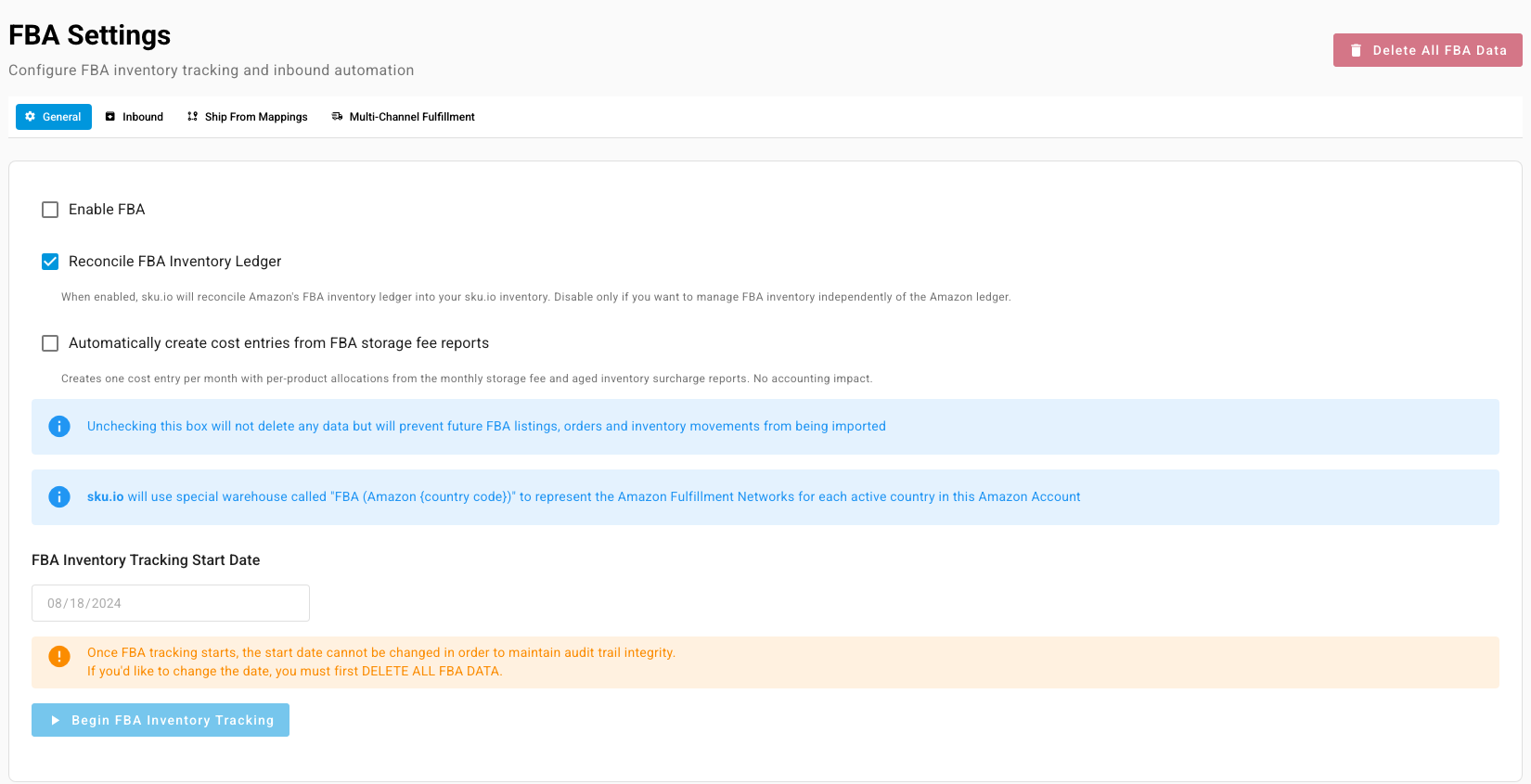 The General tab of FBA Settings