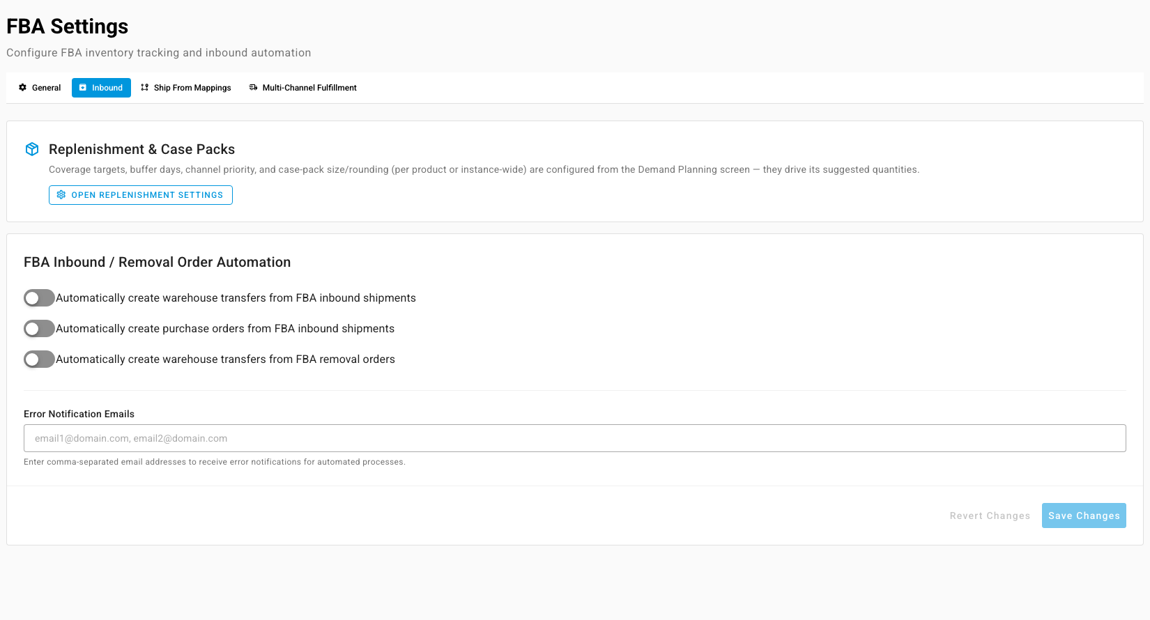 The Inbound tab of FBA Settings